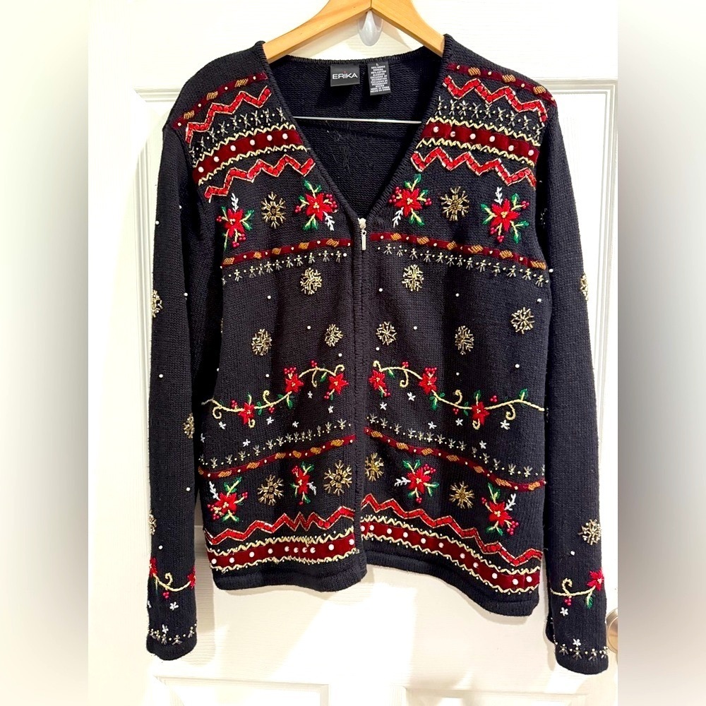 Erika Black Knit Holiday Christmas Zip Cardigan